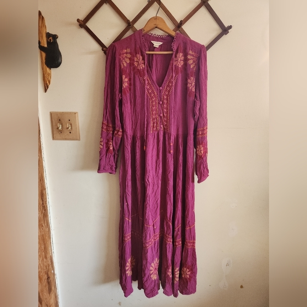 Monsoon Purple Pink Maxi Dress Embroidered Large 10